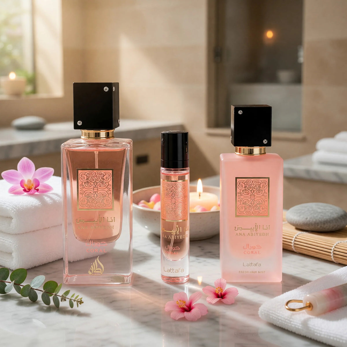 Coffret Ana Abiyedh Coral Lattafa avec Eau de Parfum 60 ml, Travel Spray 12 ml et Hair Mist 50 ml original
