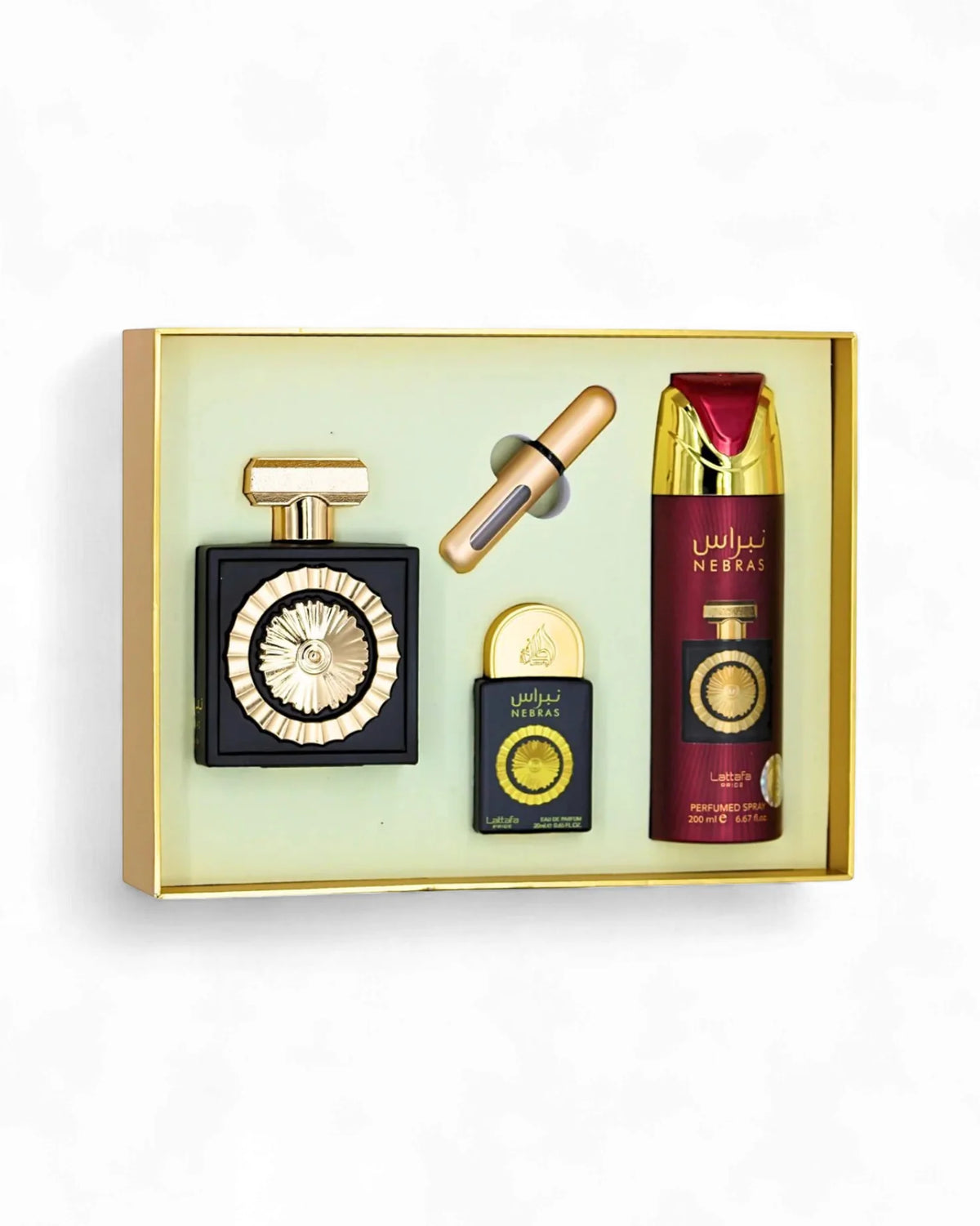 Coffret Nebras Lattafa Pride 3 pièces avec Eau de Parfum 100 ml, vaporisateur parfumé 200 ml et mini parfum 20 ml