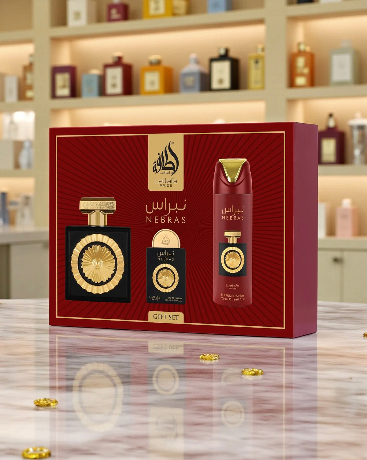 Coffret Nebras Lattafa Pride 3 pièces avec Eau de Parfum 100 ml, vaporisateur parfumé 200 ml et mini parfum 20 ml
