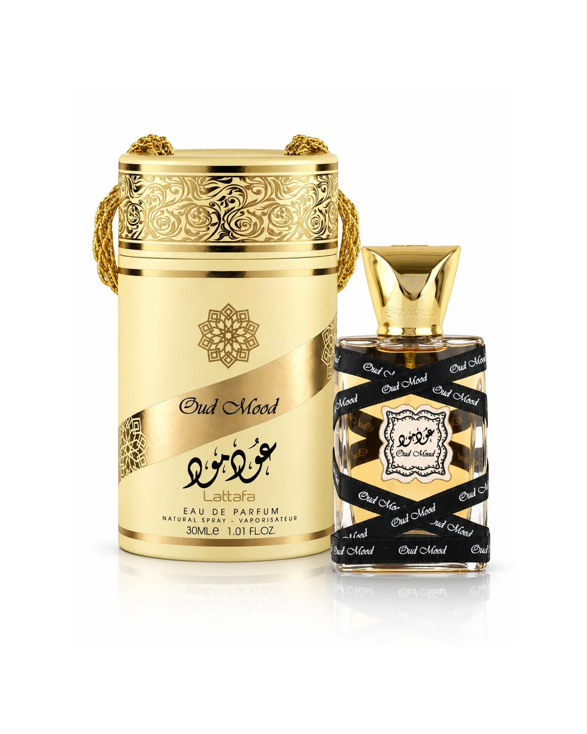 Flacon Oud Mood Lattafa Eau de Parfum 100 ml original, parfum oriental boisé aux notes de oud, safran, vanille et ambre pour homme et femme au Maroc.