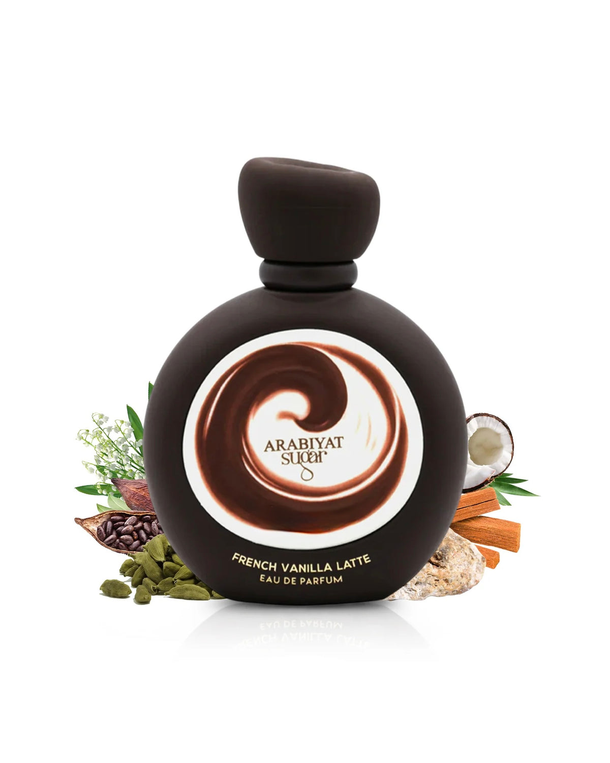 Flacon French Vanilla Latte Arabiyat Sugar, parfum oriental gourmand mixte aux notes de chocolat, cacao, cardamome et noix de coco, disponible au Maroc chez ELYSÉA Perfumes.