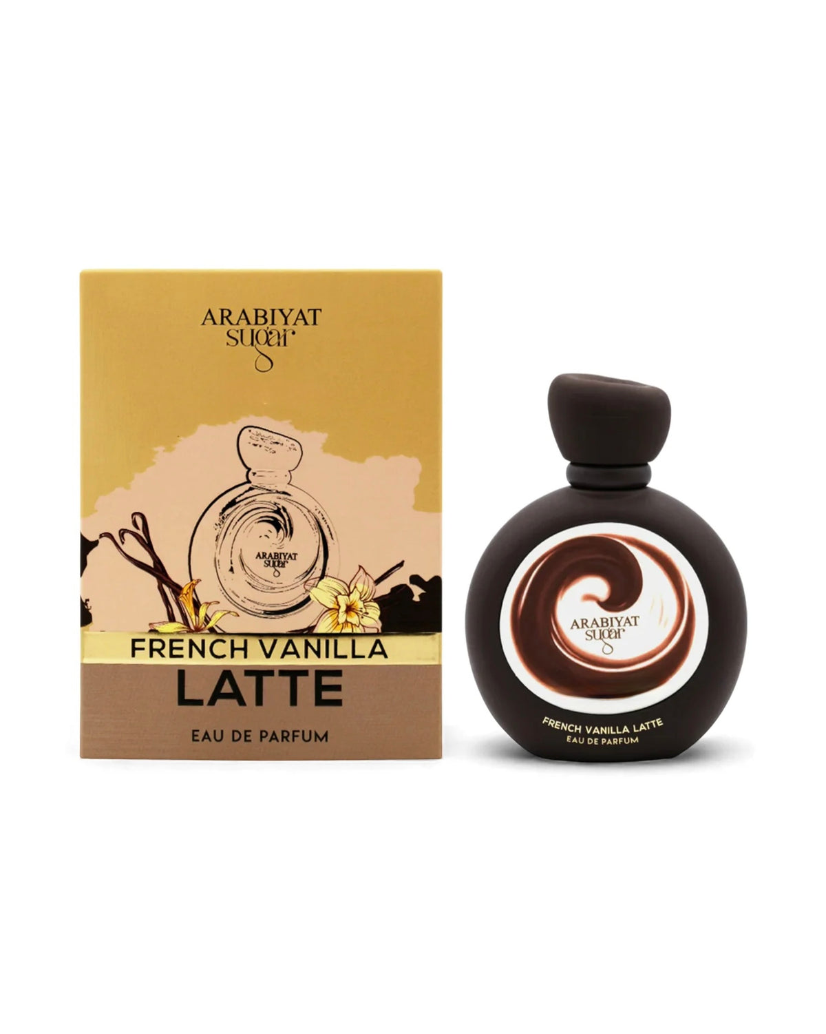 Flacon French Vanilla Latte Arabiyat Sugar, parfum oriental gourmand mixte aux notes de chocolat, cacao, cardamome et noix de coco, disponible au Maroc chez ELYSÉA Perfumes.